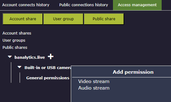 Adding video and audio stream permission to a shared camera