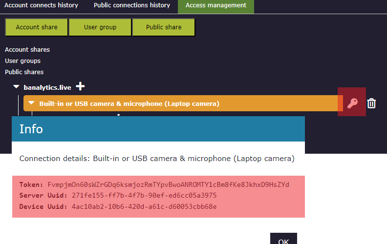 Connection details popup showing token, server uuid and device uuid