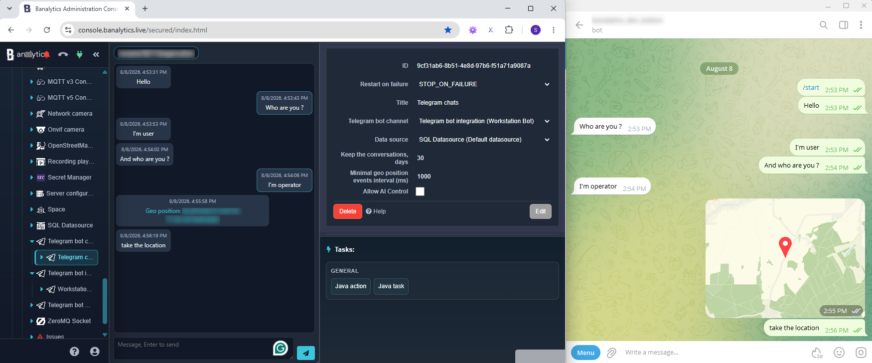 Telegram Bot Chat business panel and configuration beside the corresponding Telegram conversation