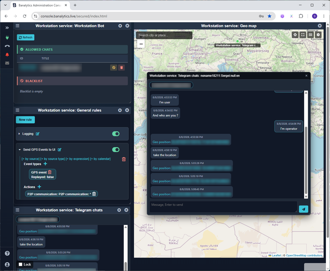 Telegram location monitoring dashboard with allowed chats, GPS routing rule, OpenStreetMap track, and focused conversation panel