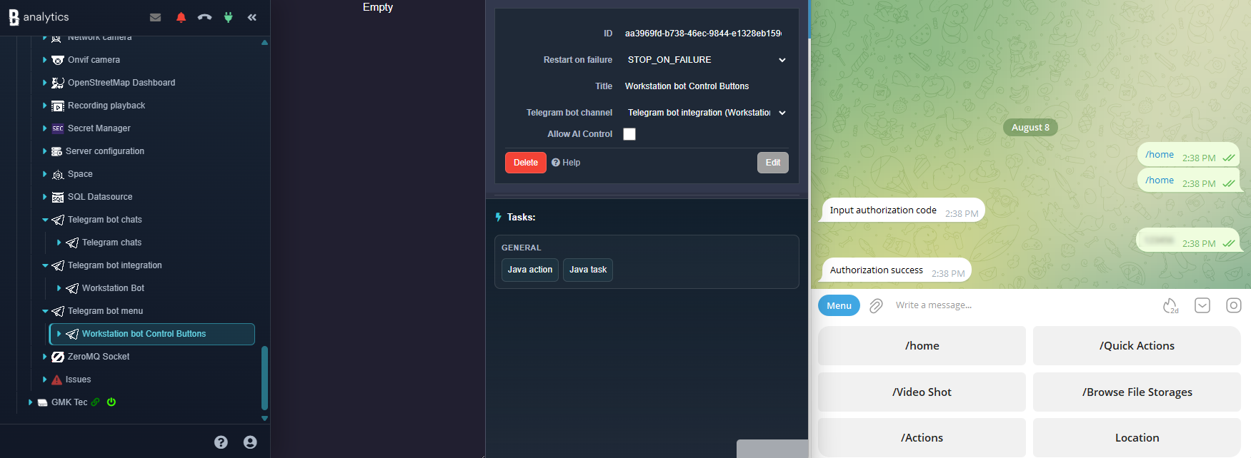 Telegram Bot Control configuration beside the authorized Telegram bot button menu